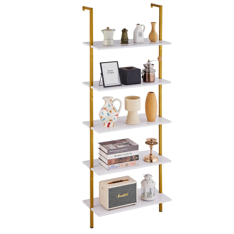 VEVOR Industrial Square Pipe Shelf, 5 Tier 24x11.8in, Wall-Mount Floating Rustic Wood Shelves Bracket Display Bookshelf,Storage Rack Sundries Holder for Kitchen Bedroom Bathroom Living Room Gold White