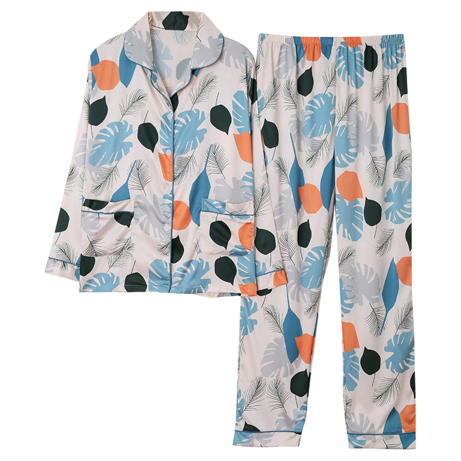 ladies pajamas,womens silk satin white maple leaf pajamas set pajama pyjamas set warm and cosy sleepwear loungewear big size creative thing