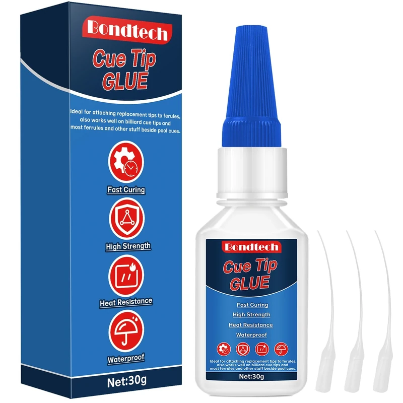 Instant Glue 30 g, Strong Clear Repair Plastic, Glass, Ceramic, Metal and Wood, Waterproof, Heat-Resistant, with Anti-Clog Cap (Cue Tip Glue)