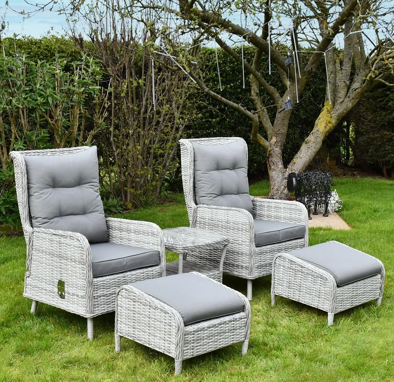 Sac Lux Alloy Pe Rattan 5 Piece Patio Set, Weatherproof Garden Furniture, Cushioned Conservatory Chairs with Footrest and Table, Grey