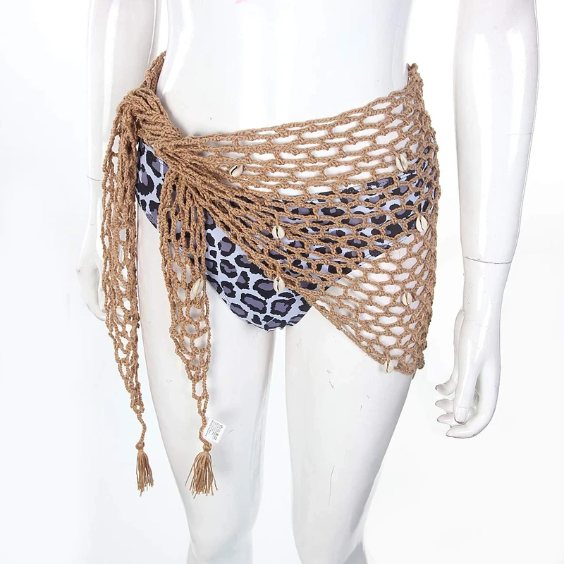 HKYFNNBW-Swimwear Cover Up Sexy Beach Hand Crochet Shawl Capelet Fishnet Net Skirt Women's Swimwear Cover Ups Swimsuit Skirt (Khaki, ONE SIZE)