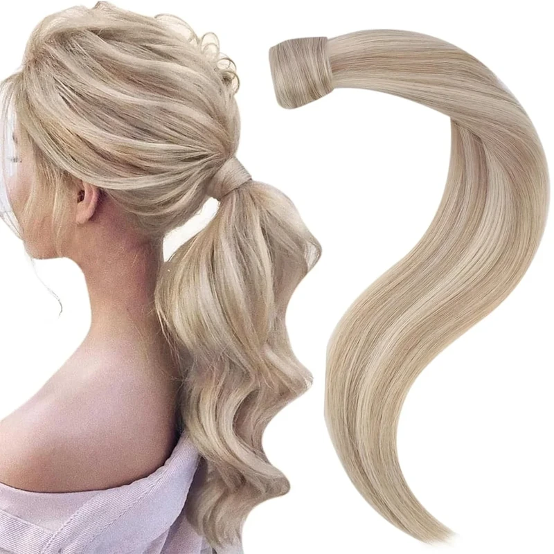 Easyouth #18P613 Ponytail Braid Extension Real Hair Ash Blonde Mix Yellow Blonde Ponytail Extensions Real Hair 40 cm 80 g