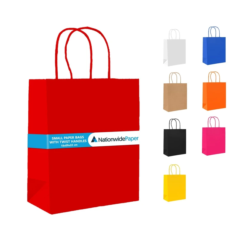 Nationwide Paper Case of 500 Red Paper Party Bags Present Bag Kraft Paper Bags with Handles, Thick Kraft Bag for Kids, Present, Candy, Cookie, Celebrations, Baby Shower, Birthday (18x9x22cm)