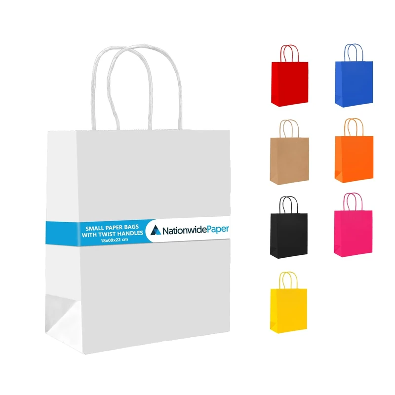 Nationwide Paper Case of 500 White Paper Party Bags Present Bag Kraft Paper Bags with Handles, Thick Kraft Bag for Kids, Present, Candy, Cookie, Celebrations, Baby Shower, Birthday (18x9x22cm)