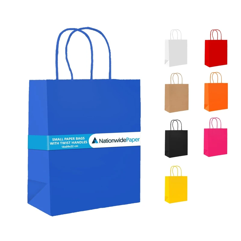 Nationwide Paper Case of 500 Blue Paper Party Bags Present Bag Kraft Paper Bags with Handles, Thick Kraft Bag for Kids, Present, Candy, Cookie, Celebrations, Baby Shower, Birthday (18x9x22cm)