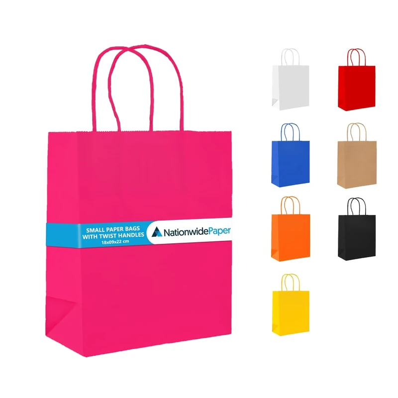 Nationwide Paper Case of 500 Pink Paper Party Bags Present Bag Kraft Paper Bags with Handles, Thick Kraft Bag for Kids, Present, Candy, Cookie, Celebrations, Baby Shower, Birthday (18x9x22cm)