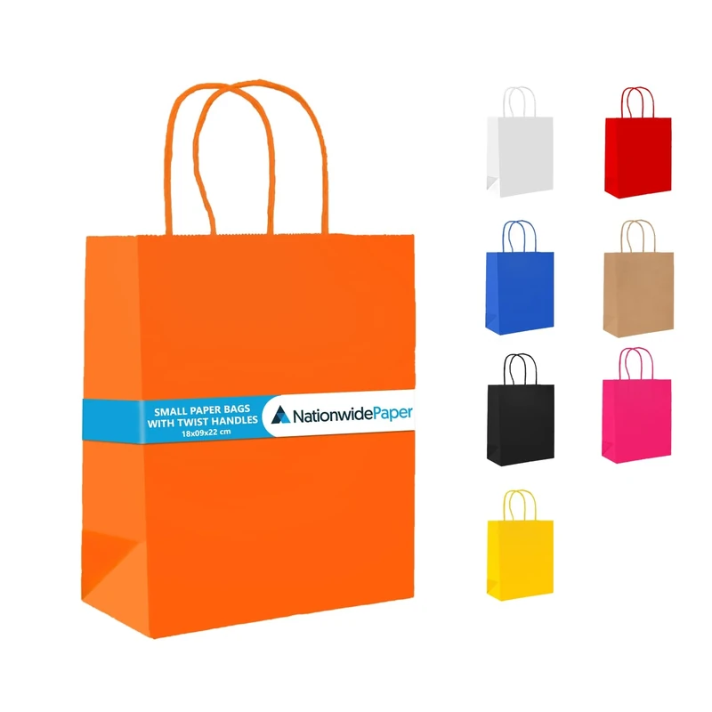 Nationwide Paper Case of 500 Orange Paper Party Bags Present Bag Kraft Paper Bags with Handles, Thick Kraft Bag for Kids, Present, Candy, Cookie, Celebrations, Baby Shower, Birthday (18x9x22cm)