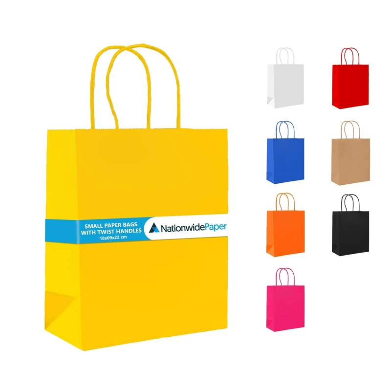 Nationwide Paper Case of 500 Yellow Paper Party Bags Present Bag Kraft Paper Bags with Handles, Thick Kraft Bag for Kids, Present, Candy, Cookie, Celebrations, Baby Shower, Birthday (18x9x22cm)