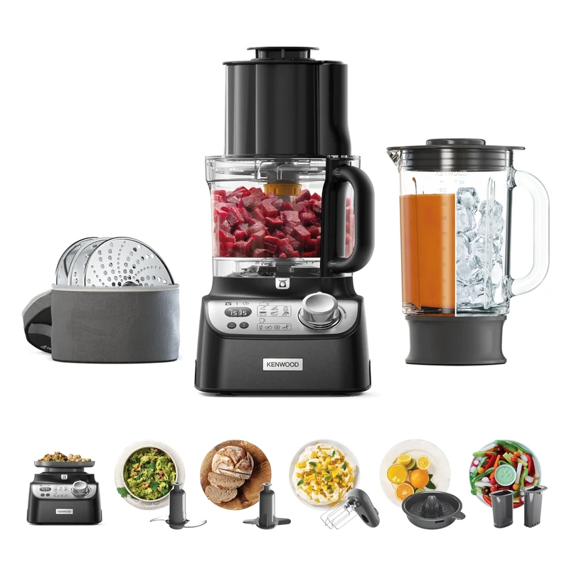 Kenwood MultiPro XL Weigh+ FDM72.990SS, Food Processor With Integrated Digital Scales & Timer, Express Dice, Adjustable Slicing Disc, Micro Serrated Knife Blade, 1.5L ThermoResist Glass Blender, Black