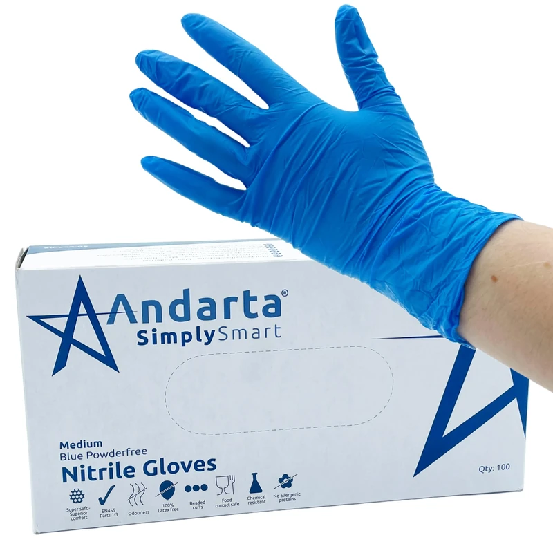 andarta Nitrile Medium Gloves - Powder-Free, Blue, Box of 100