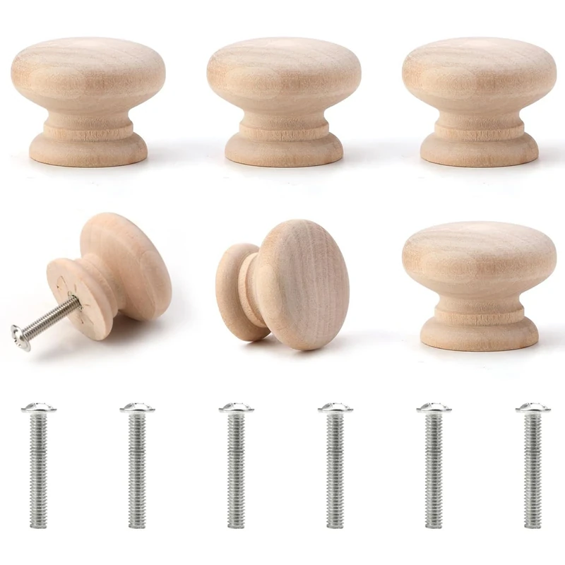 6 Pcs Wooden Cabinet Knobs with Screws 35mm*25mm, Mushroom Drawer Knobs Natural Unfinished Wood Cupboard Knob Handles Round Knobs for Furniture Wardrobe Office Dresser Drawer Pull