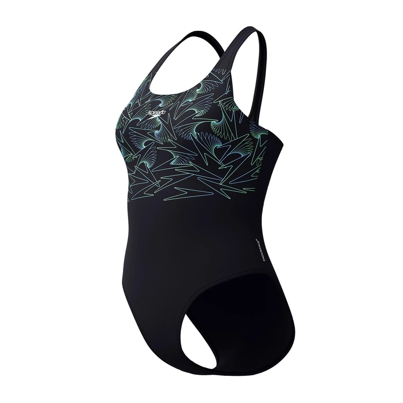 Speedo Women's Hyperboom Placement Muscleback Swimsuit | Quick Drying | Training | FitneS | Chlorine Resistant, Black/Alfalfa Green, 38