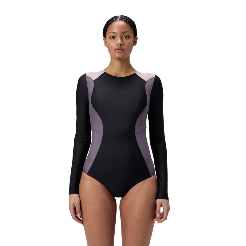Speedo Women's Colourblock 2.0 Long Sleeve Swimsuit | Training Swimwear | Soft Feel | Swim Fitness Swimwear, Black, L
