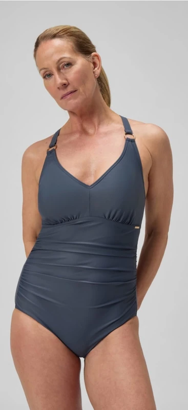 Speedo Women's Shaping V Neck One Piece Swimsuit | Shapewear | Beach and Holiday Swimwear, Grey Lead/Black, 38