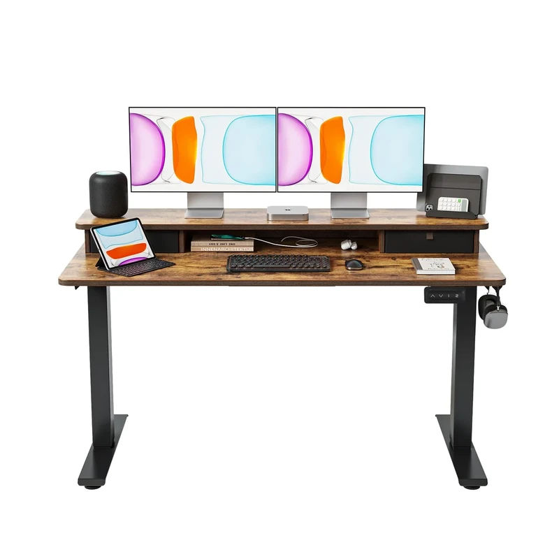 BANTI 55x24 Inch Electric Standing Desk with Double Drawers, Adjustable Height Stand Up Desk, Sit Stand Home Office Desk with Storage Shelf, Vintage Brown Top - Image 1