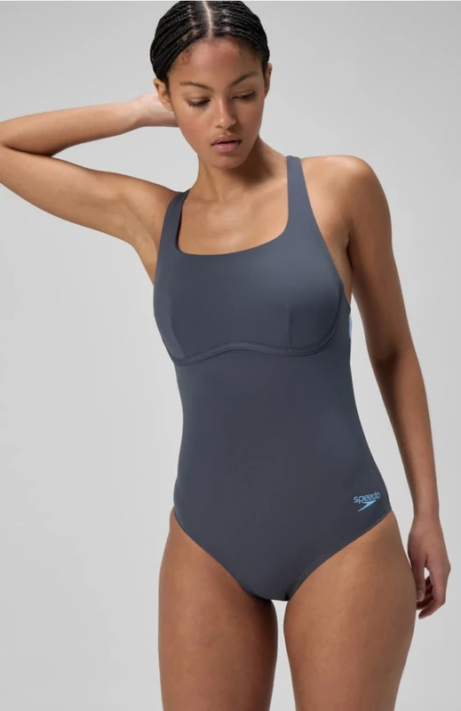 Speedo Women's Flex Band Swimsuit with Integrated Swim Bra | Swim Fitness | Training, Grey Lead/Black, 38