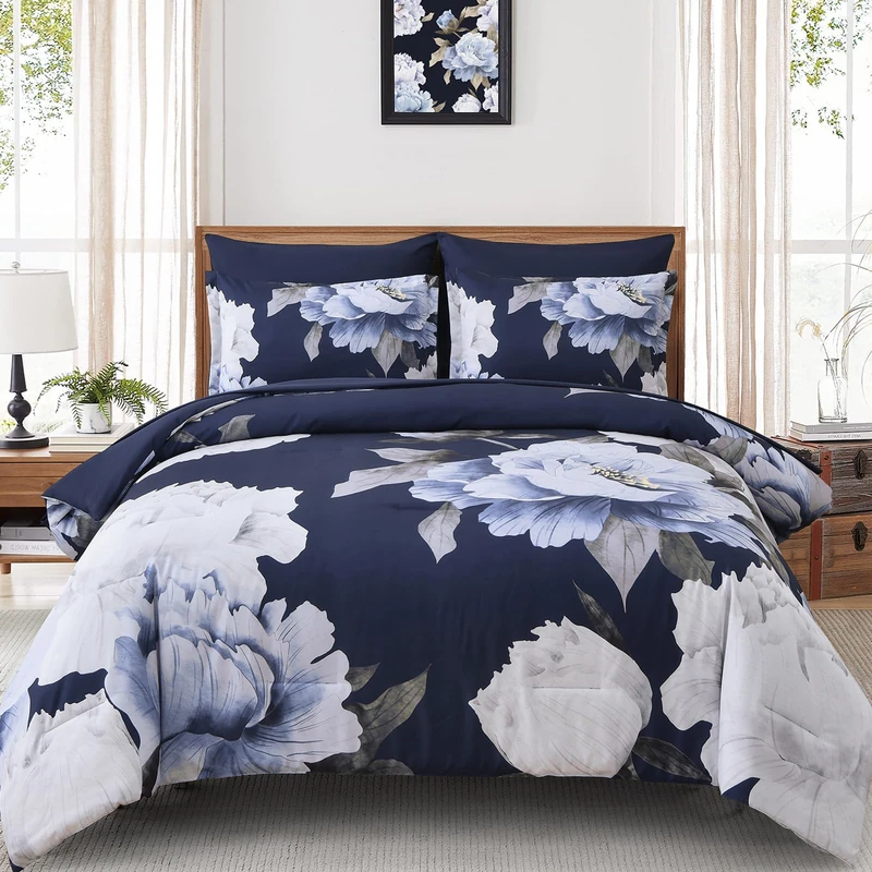 Dobuyly Navy Blue Comforter Set Queen Size 7 Piece Bed in a Bag, Floral Comforter Set with Sheets, Soft Microfiber Botanical Flowers Complete Bedding Set for All Season