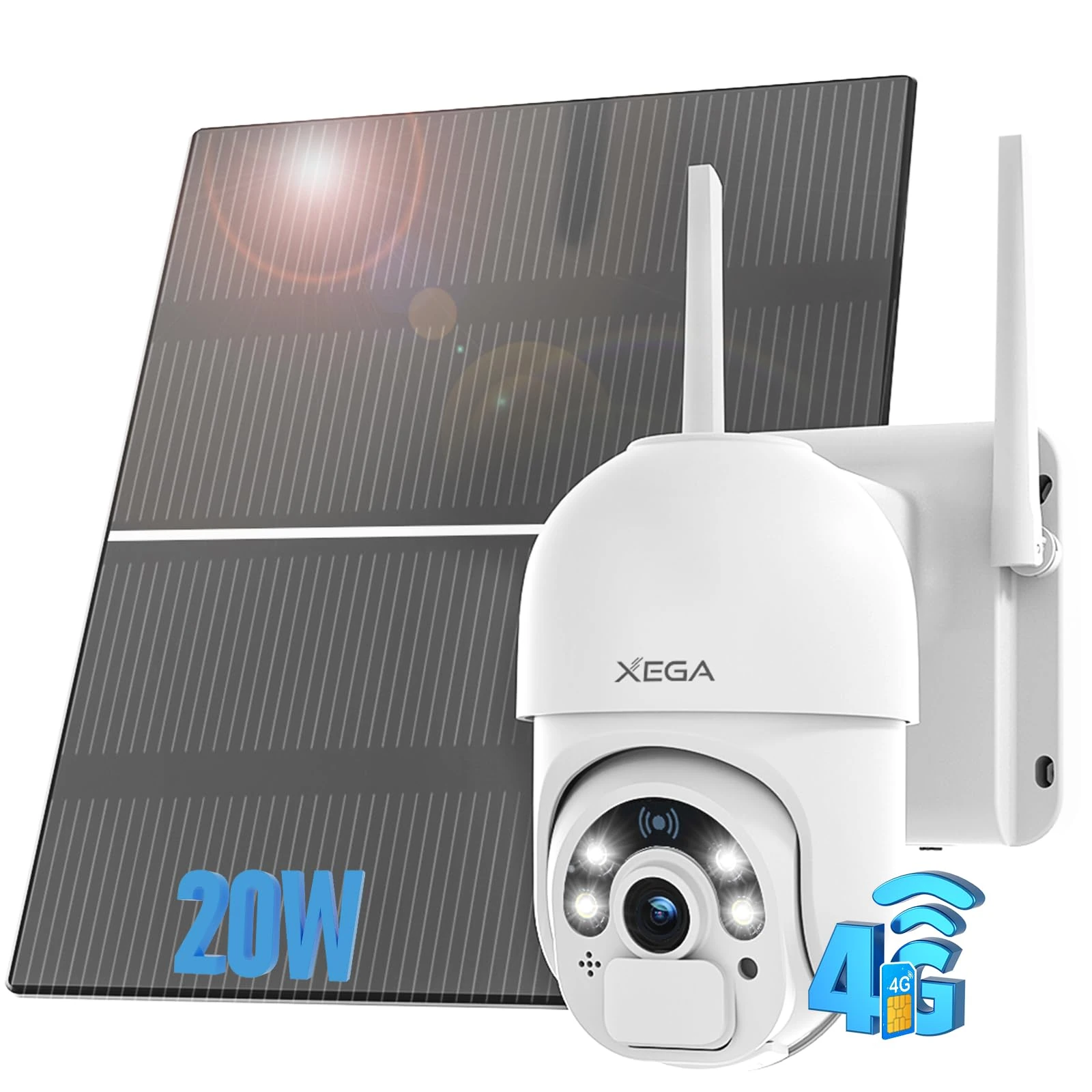 Xega 4G LTE Security Camera with 20W Solar Panel 20,000mAh Battery SIM Card - [24/7 Record] Solar Powered Security Camera Outdoor Wireless, 2K HD Color Night Vision CCTV,PIR Motion Detection(No WiFi)