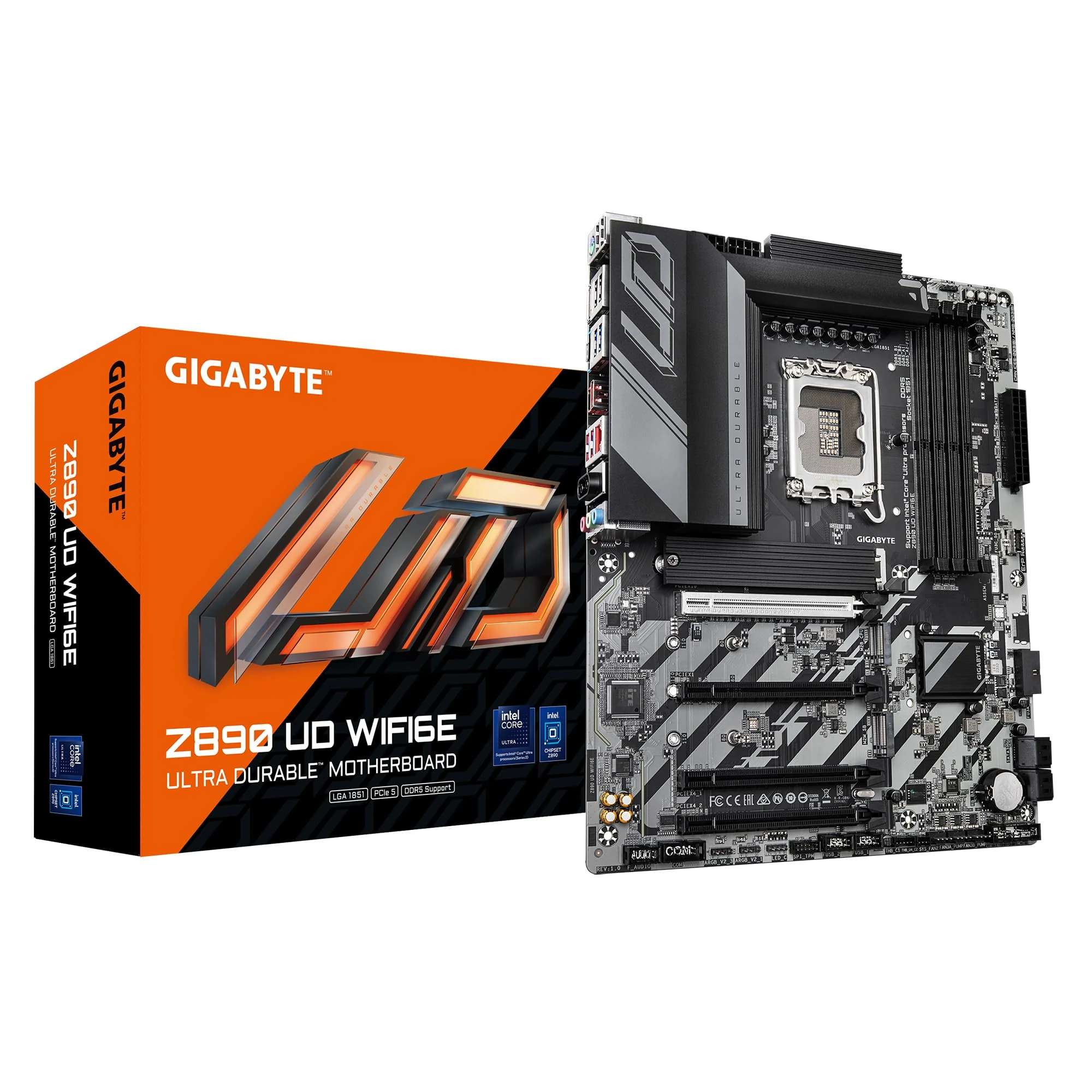 GIGABYTE Z890 UD WIFI6E Motherboard - Supports Intel Core Ultra (Series 2) CPUs, 12+1+2 phases VRM, up to 8800MHz DDR5 (OC), 1xPCIe 5.0 + 2xPCIe 4.0, Wi-Fi 6E, 2.5GbE LAN, Thunderbolt 4