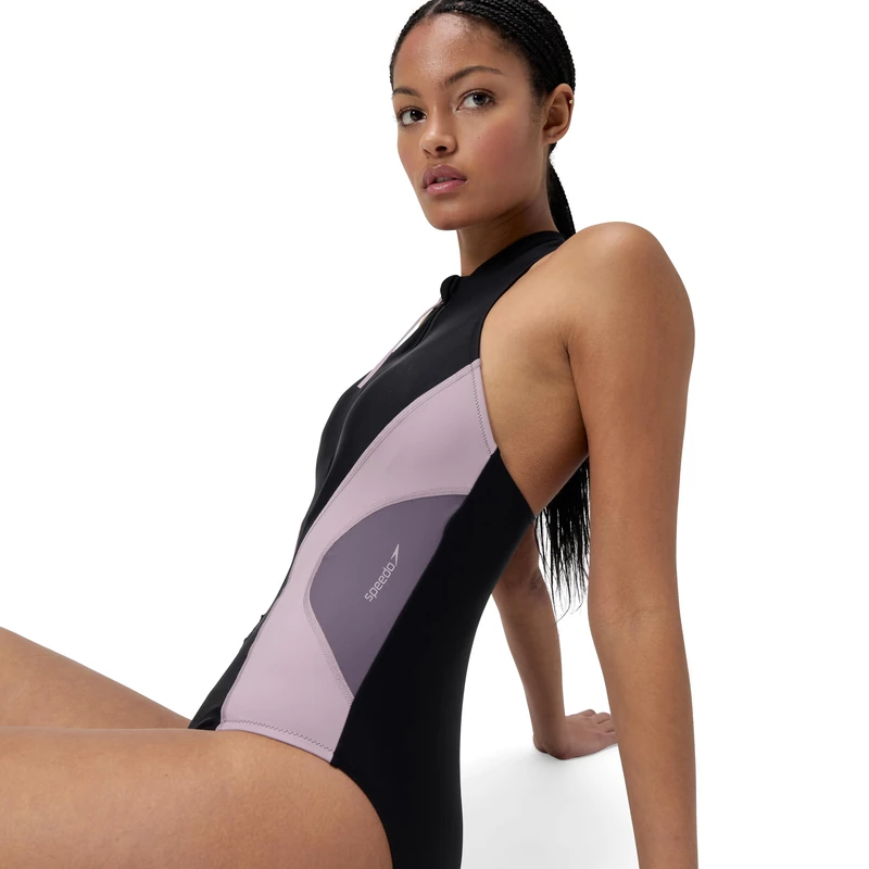 Speedo Zip Front Colorblock Swimsuit | One Piece Swimming Costume