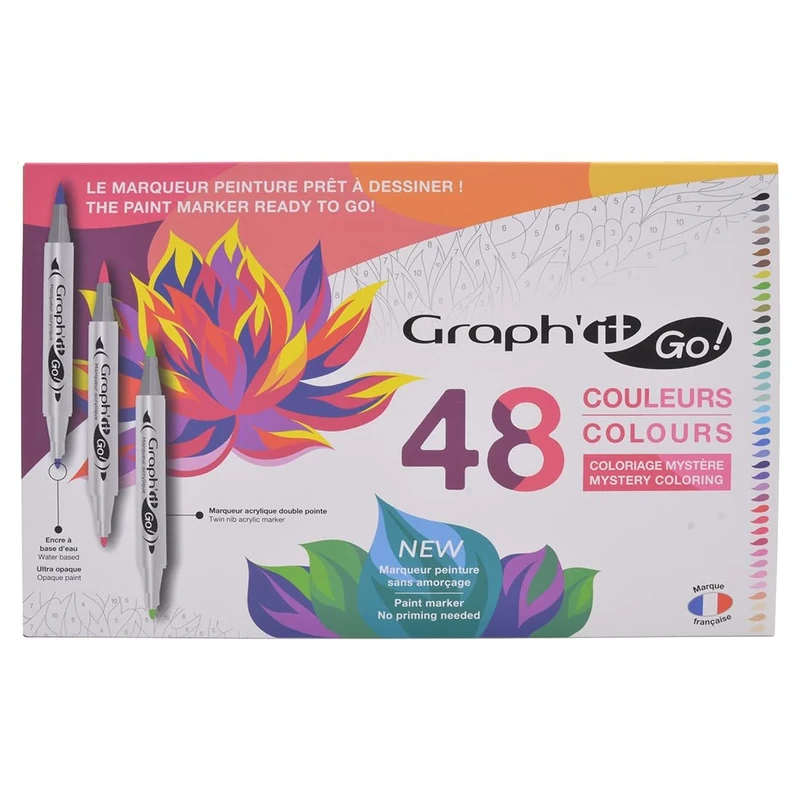 GRAPH'IT GO Set of 48 Double Tip Acrylic Markers - Brush and Bullet Tip - Water Based Ink - All Purpose - Assorted Colours for Mystery Colouring Pages
