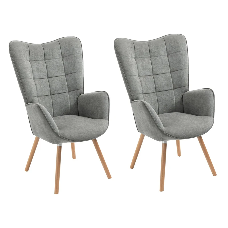 MEUBLE COSY Set of 2 Armchair for Living Room Accent Chair with High Wing Back and Padded Armrests, Wooden Legs, Sofa for Reading Lounge Bedroom Entrance, Grey