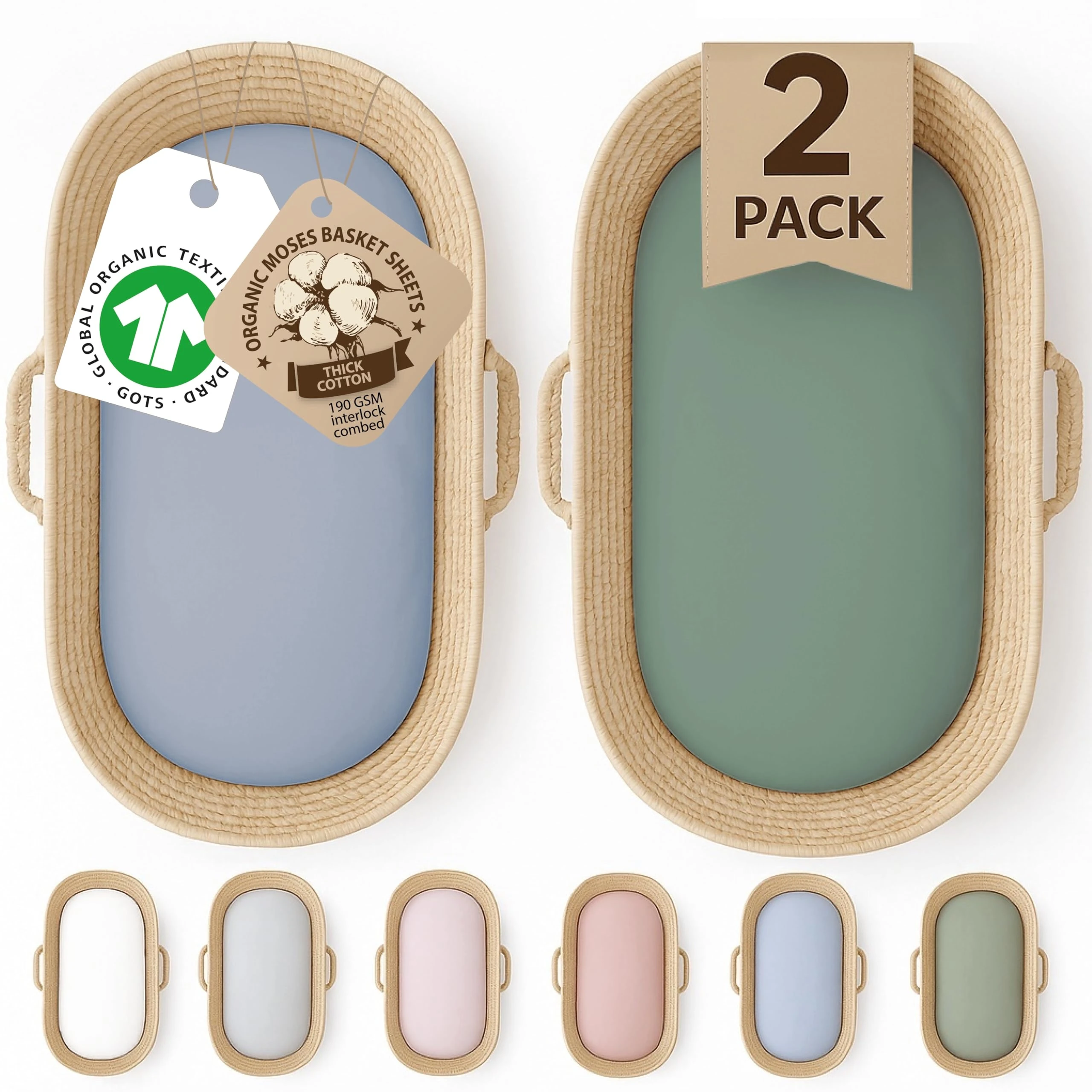 GOTS Organic 2 x Moses Basket Fitted Sheets 74x30 - GOTS Organic Cotton - 190GSM Thick & Cozy Cotton Fits Ovale | Paml & Wicker Moses Baskets Fits Also 28x74cm