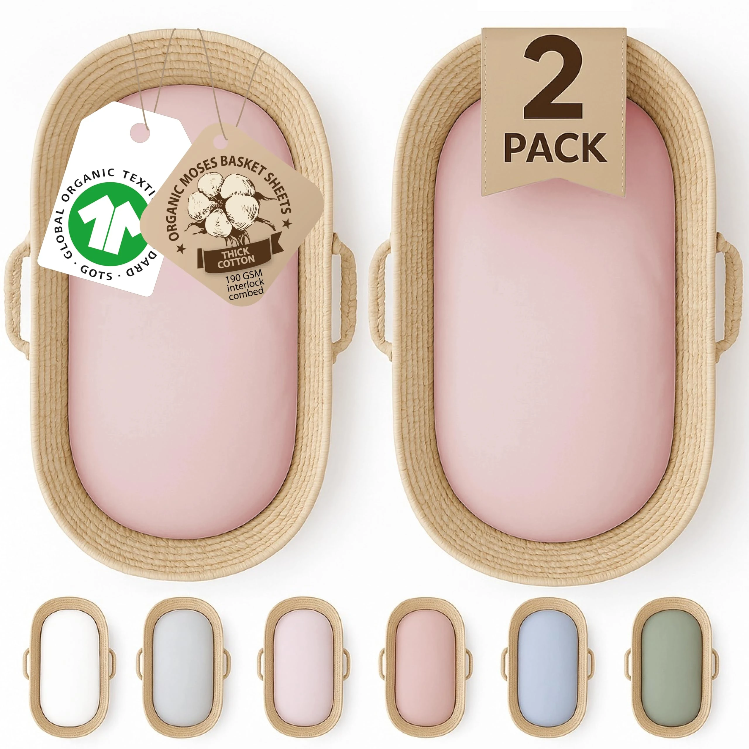 GOTS Organic 2 x Moses Basket Fitted Sheets 74x30 and 28x74cm - Cozy & Breathable – 190GSM Organic Cotton - Compatible with Ovale | Paml & Wicker Moses Baskets