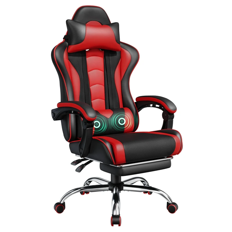 Yaheetech Gaming Chair for Adults, Ergonomic Video Game Chair with Massage Lumbar Support and Footrest Swivel, Height Adjustable Reclining Computer Racing Gamer Chair with Headrest - Black/Red