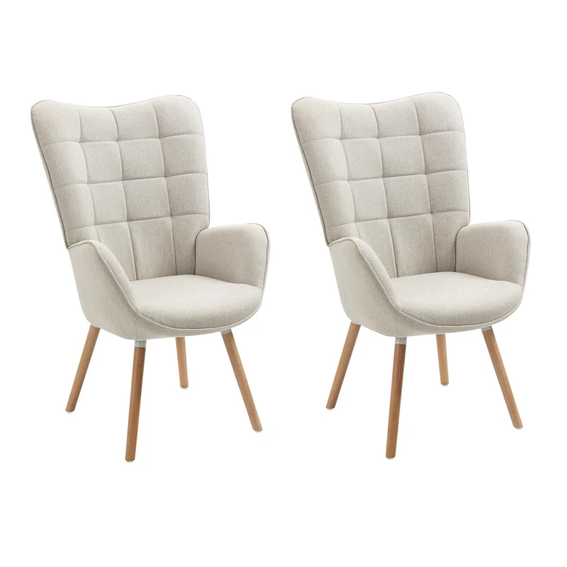 MEUBLE COSY Set of 2 Armchair for Living Room Accent Chair with High Wing Back and Padded Armrests, Wooden Legs, Sofa for Reading Lounge Bedroom Entrance, Beige