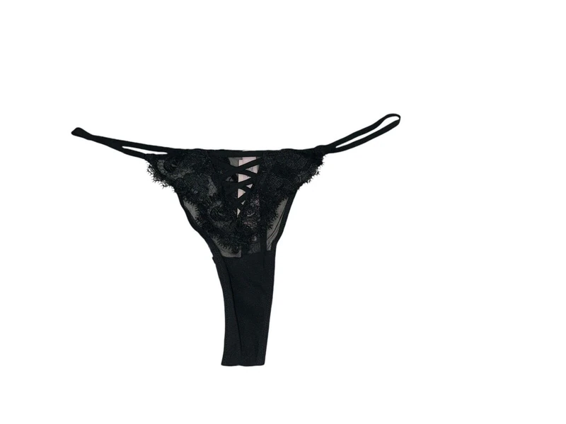 Victoria's Secret Boho Floral Embroidery Mesh/Lace Thong Panty Color Black New, Black, XL