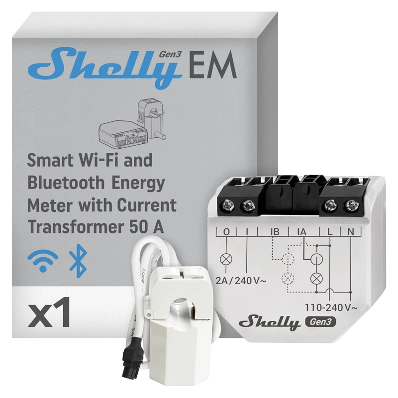 Shelly EM Gen3 - Wi-Fi Smart Energy Meter, Single Phase, 2 Channel, 50A CT Included, Up to 2 CTs, Solar Ready, Contactor Control, Consumption Monitoring, Alexa & Google Home, No Hub Required