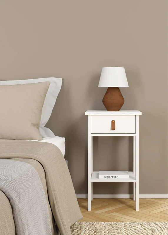Dmora Maxine Bedside Table with Low Chest of Drawers, Night Table, Bed Shelf, 40 x 34 x H 70 cm, White