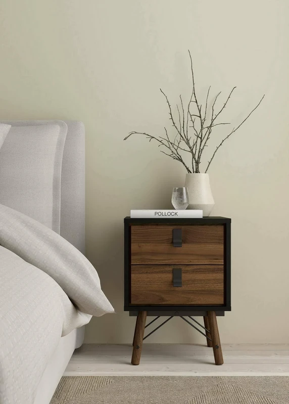 Dmora Blanchette Bedside Table, Low Chest, Night Table, Bed Shelf, 43 x 40 x H 60 cm, Black and Walnut