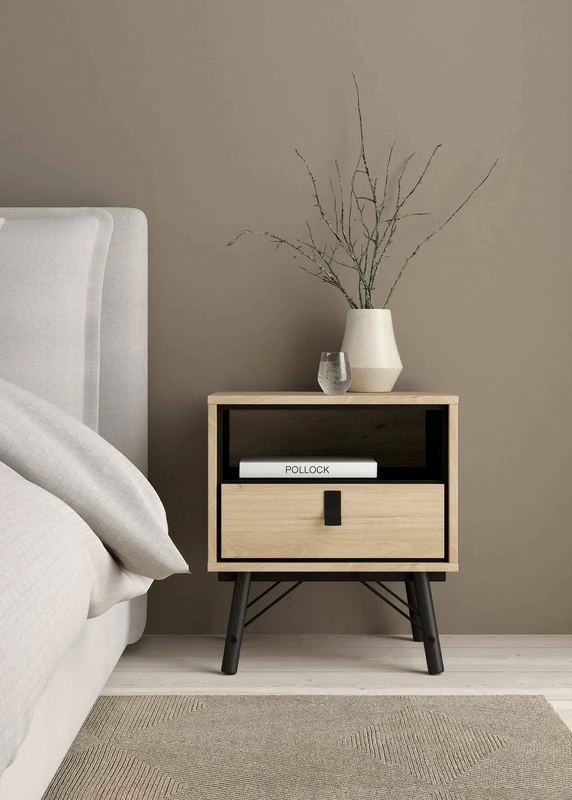 Dmora Christian Bedside Table Low Dresser, Night Table, Bed Shelf, 53 x 40 x H 60 cm, Oak