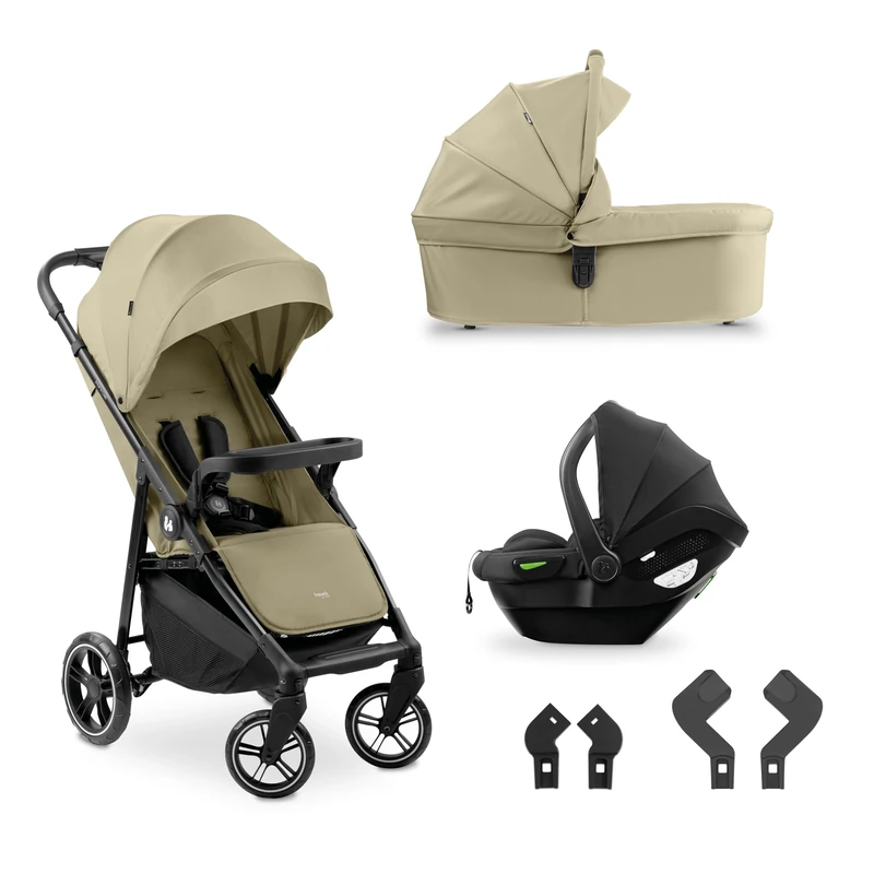 hauck Shop N Care Trio Set, Olive - Lightweight Pushchair (only 8.5 kg) Travel System with Pram Unit & i-Size Car Seat from Birth, Snack Tray, Cup Holder & Raincover, Fully Reclining up to 22 kg