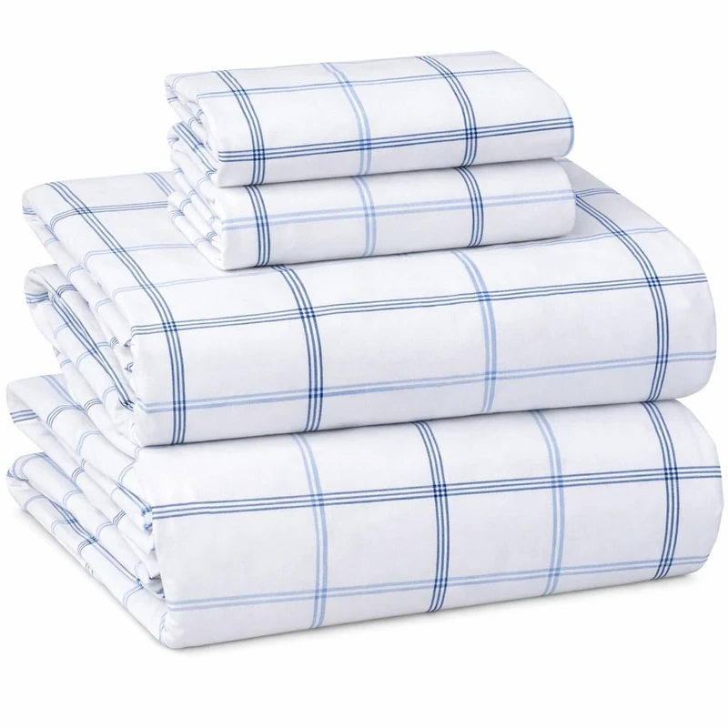 Briarwood Home 100% Cotton Printed Flannel Sheet Set 4 Piece Brushed Turkish Bedding Super Soft, Warm, Cozy, Deep Pocket & Breathable All-Season Sheets & Pillow Set (Classic Blue Plaid, Queen)