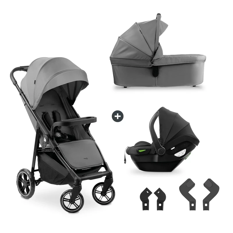 hauck Shop N Care Trio Set, Grey - Lightweight Pushchair (only 8.5 kg) Travel System with Pram Unit & i-Size Car Seat from Birth, Snack Tray, Cup Holder & Raincover, Fully Reclining up to 22 kg