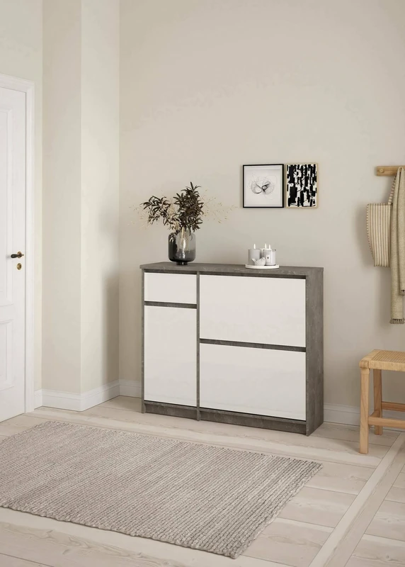 Dmora Maxime Shoe Rack, Multi-Purpose Entrance Cabinet, Shoe Cabinet, 109 x 32 x H 93 cm, Concrete and White