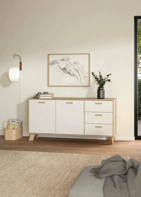 Dmora Cybel Sideboard, Buffet for Living Room, Kitchen Pantry, 147 x 39 x 73 cm, Oak and White