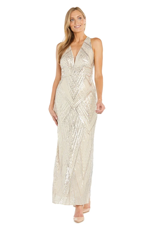 R&M Richards Long Sequin Geometric Pattern Dress W/Halter Front & Keyhole Back, Champagne Silver, 12