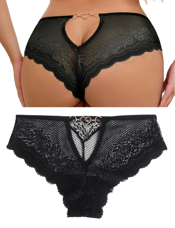 ohyeahlady Sexy Lace French Knickers Plus Size Thong Panties Womens Back Cut Out Brazilian Cheeky Underwear with Heart Shaped Chain Breathable Hipster Briefs Black L