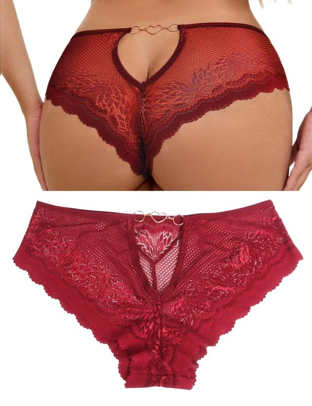 ohyeahlady Sexy Lace French Knickers Plus Size Thong Panties Womens Back Cut Out Brazilian Cheeky Underwear with Heart Shaped Chain Breathable Hipster Briefs Red L
