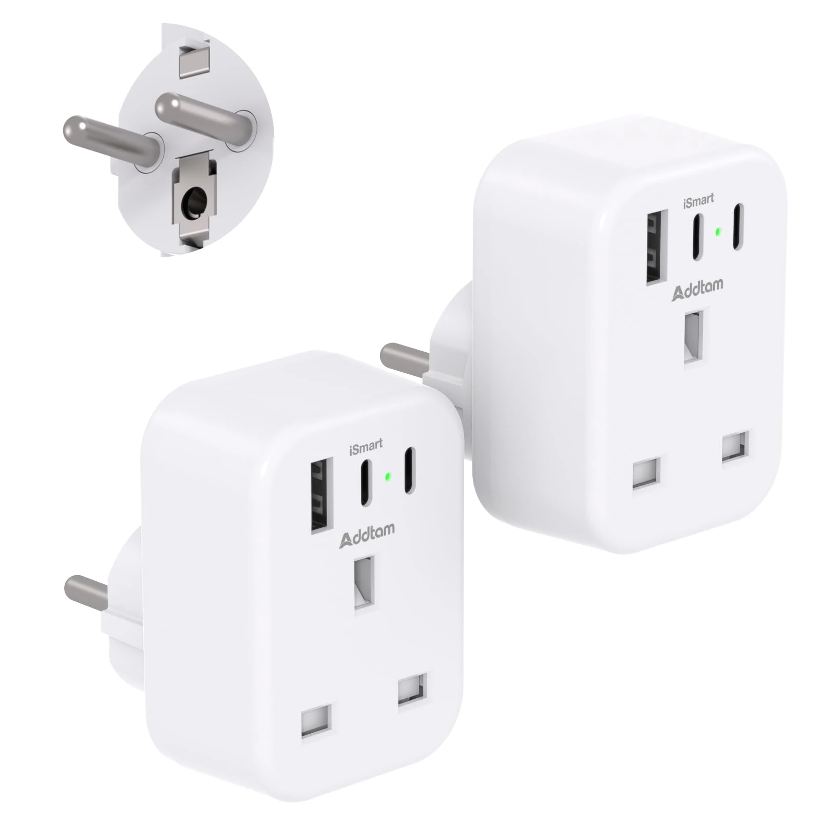 [2 Pack] UK to European Plug Adapter with 3 USB Ports(2 USB C), EU Schuko Travel Adaptor for Germany France Spain Turkey Russia Iceland Greece Poland Portugal Austria Netherlands(Type E/F)