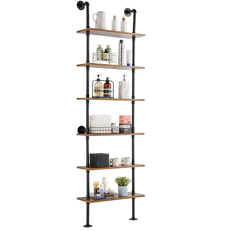 VEVOR Industrial Pipe Shelf, 6 Tier 24x9.84in, Wall-Mount Floating Rustic Wood Shelves Bracket Display Bookshelf, Storage Rack Sundries Holder for Kitchen Bedroom Bathroom Living Room, Black