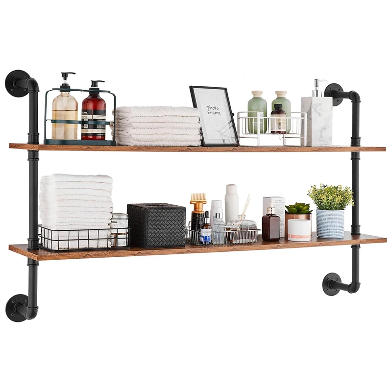 VEVOR Industrial Pipe Shelf, 2 Tier 48x 9.84in, Wall-Mount Floating Rustic Wood Shelves Bracket Display Bookshelf, Storage Rack Sundries Holder for Kitchen Bedroom Bathroom Living Room, Black