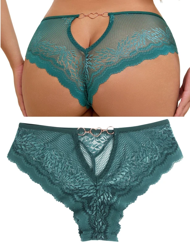 ohyeahlady Sexy Lace French Knickers Plus Size Thong Panties Womens Back Cut Out Brazilian Cheeky Underwear with Heart Shaped Chain Breathable Hipster Briefs Green L