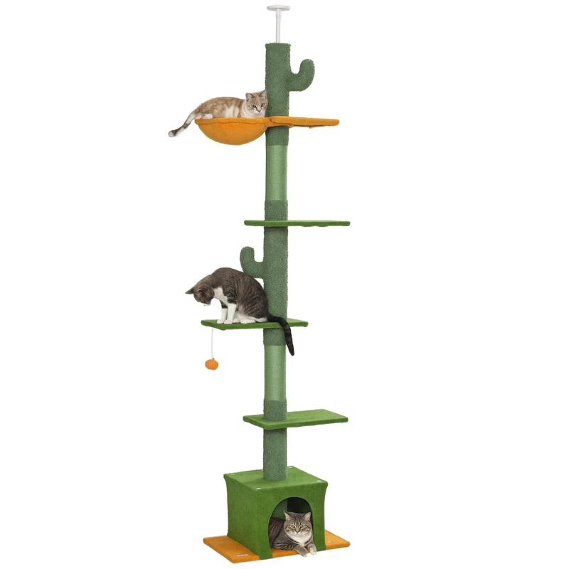 PawHut 230-275cm Height Adjustable Cat Tower, 6-Level Activity Centre with Scratching Posts, Cat House, Hammock, Toy Ball, Green