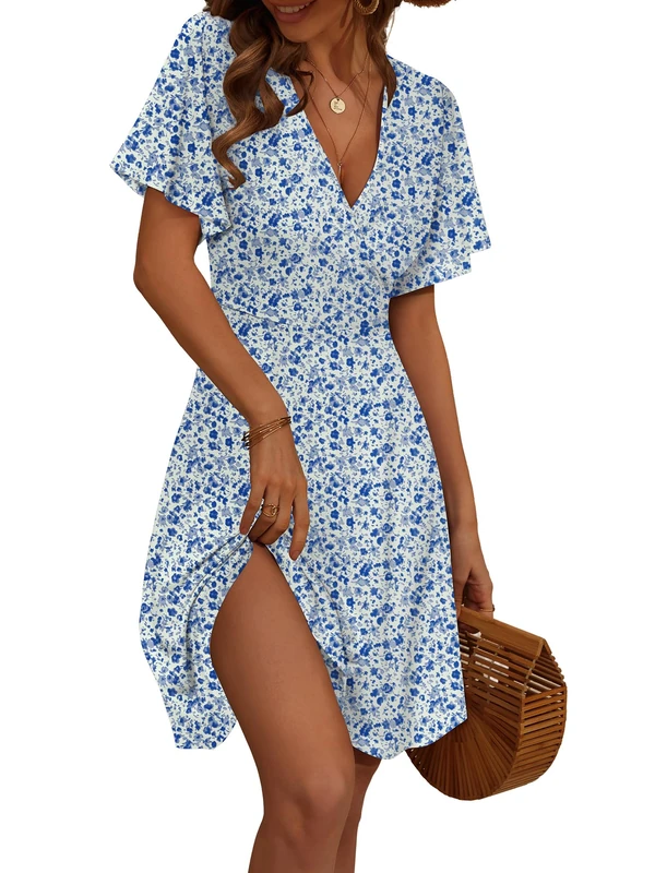 FENSACE Womens Sundress Summer Floral Short Sleeve Wrap V Neck A-Line Midi Dress, White Blue Floral-63, L - Image 1