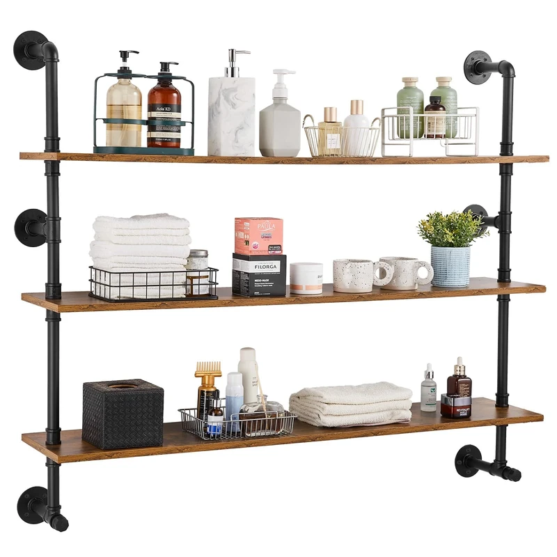 VEVOR Industrial Pipe Shelf, 3 Tier 48x9.84in, Wall-Mount Floating Rustic Wood Shelves Bracket Display Bookshelf, Storage Rack Sundries Holder for Kitchen Bedroom Bathroom Living Room, Black